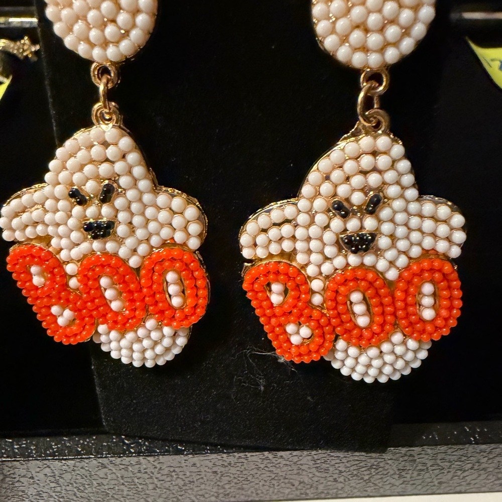 🎃 Beaded Ghost “Boo” Dangle Earrings | Halloween Costume Jewelry